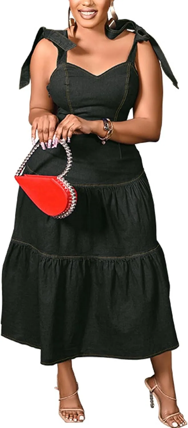 Sexyshine Women's Spaghetti Strap Plus Size Denim Dress Tie Knot Sleeveless A Line Ruffle Layered Maxi Dress Jeans Dresses