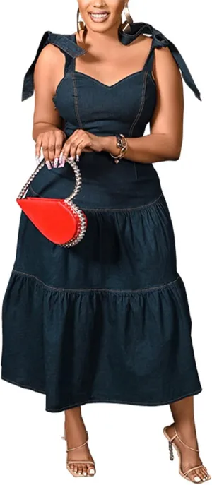 Sexyshine Women's Spaghetti Strap Plus Size Denim Dress Tie Knot Sleeveless A Line Ruffle Layered Maxi Dress Jeans Dresses