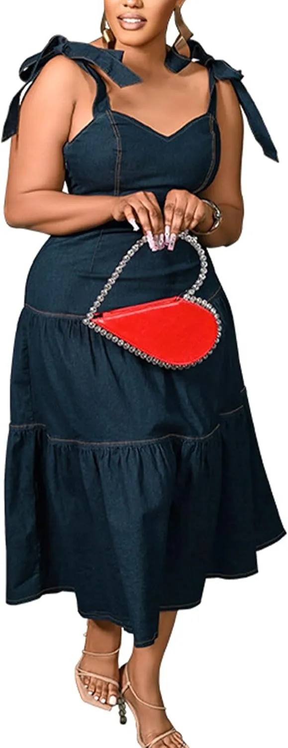 Sexyshine Women's Spaghetti Strap Plus Size Denim Dress Tie Knot Sleeveless A Line Ruffle Layered Maxi Dress Jeans Dresses