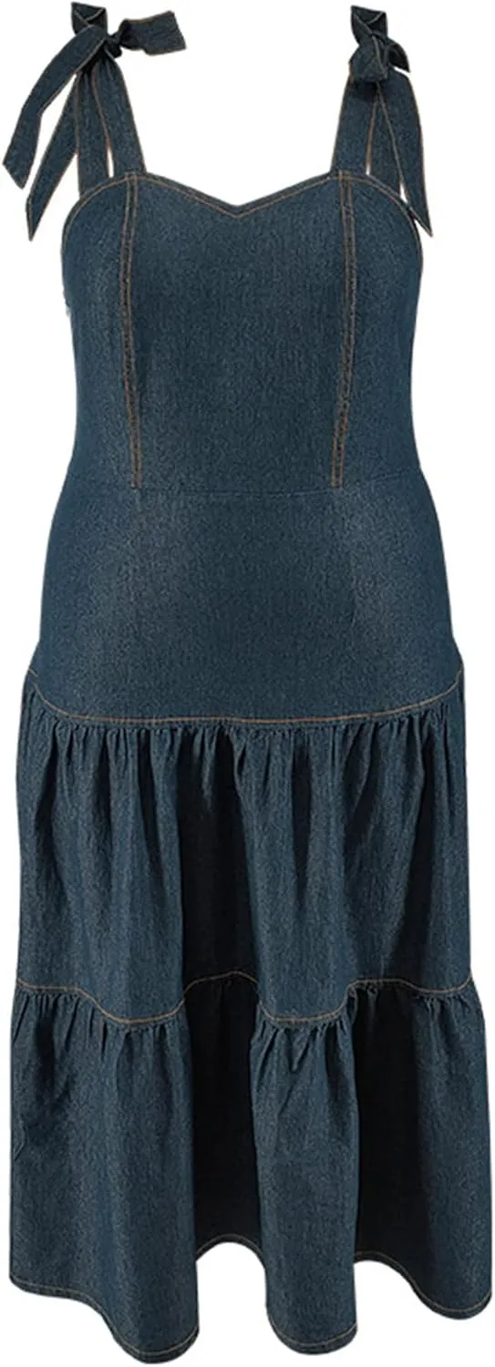 Sexyshine Women's Spaghetti Strap Plus Size Denim Dress Tie Knot Sleeveless A Line Ruffle Layered Maxi Dress Jeans Dresses