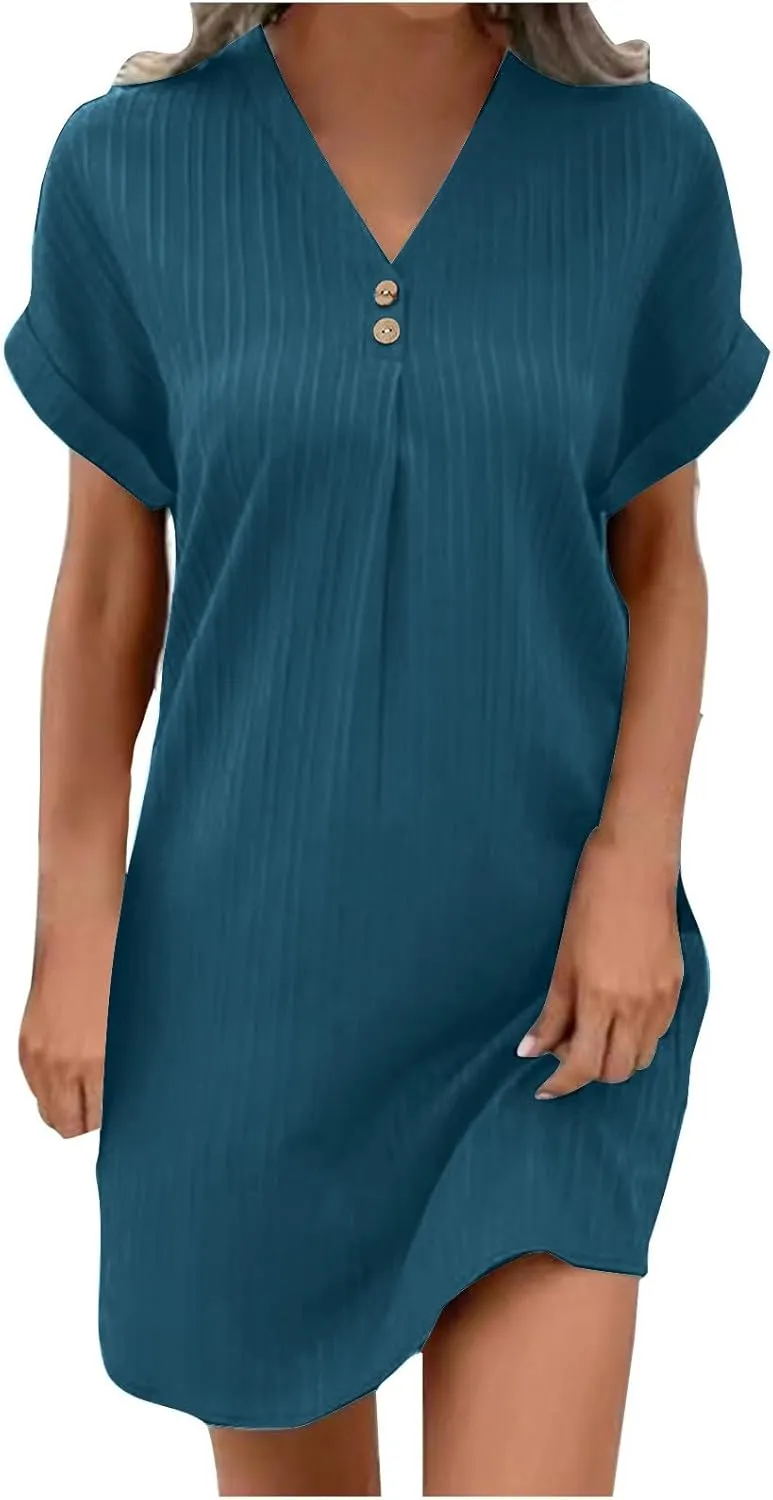 Sinzelimin Shirts Dresses for Women Summer Fashion Button up V-Neck Short Sleeve Loose Comfy Midi Dress Beach Casual Sundress