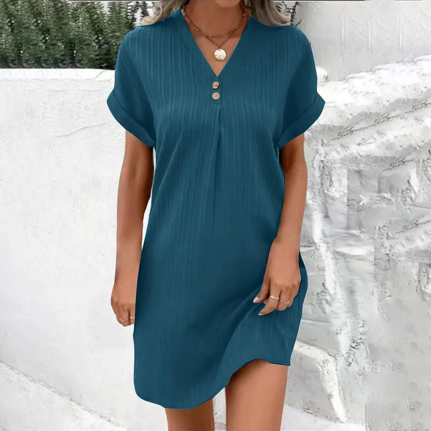 Sinzelimin Shirts Dresses for Women Summer Fashion Button up V-Neck Short Sleeve Loose Comfy Midi Dress Beach Casual Sundress