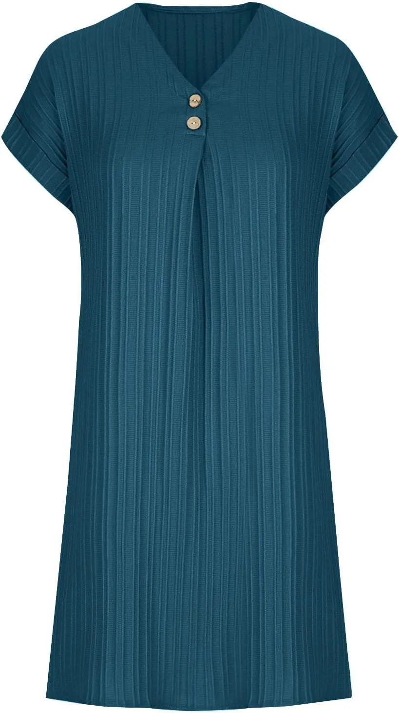 Sinzelimin Shirts Dresses for Women Summer Fashion Button up V-Neck Short Sleeve Loose Comfy Midi Dress Beach Casual Sundress