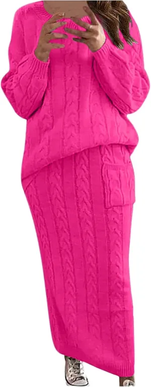 Skirt Sets Women 2 Piece Outfits Winter Chunky Cable Knit Long Sleeve Pullover Sweater and Bodycon Maxi Skirts Set