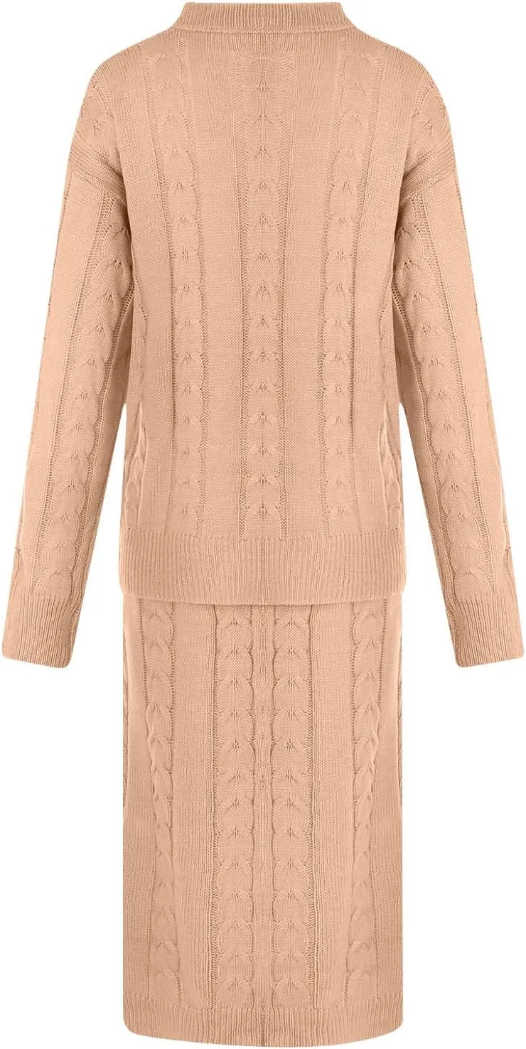 Skirt Sets Women 2 Piece Outfits Winter Chunky Cable Knit Long Sleeve Pullover Sweater and Bodycon Maxi Skirts Set