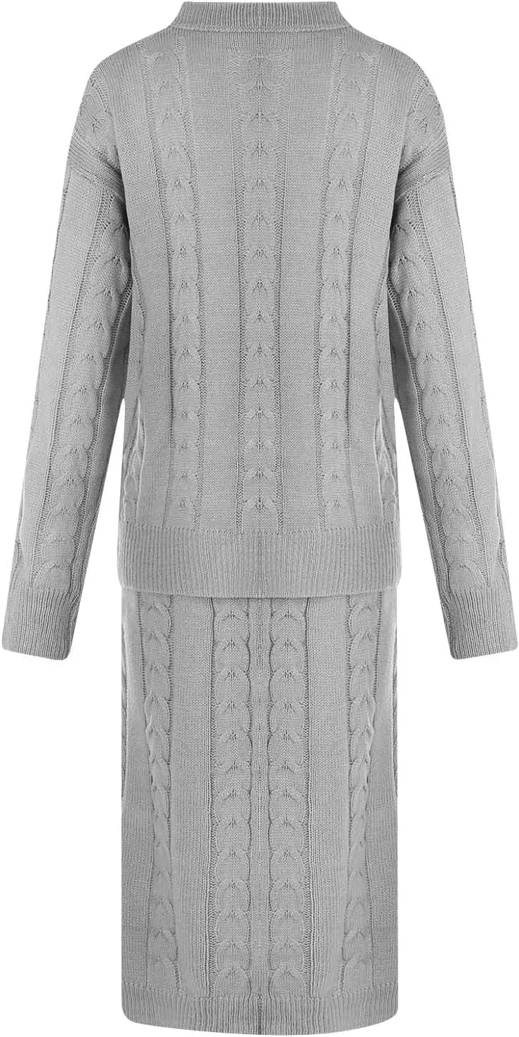Skirt Sets Women 2 Piece Outfits Winter Chunky Cable Knit Long Sleeve Pullover Sweater and Bodycon Maxi Skirts Set