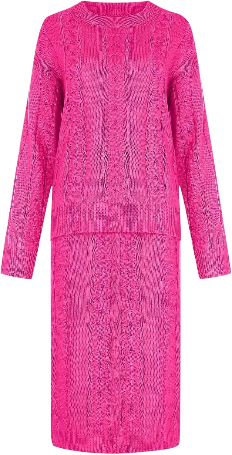 Skirt Sets Women 2 Piece Outfits Winter Chunky Cable Knit Long Sleeve Pullover Sweater and Bodycon Maxi Skirts Set