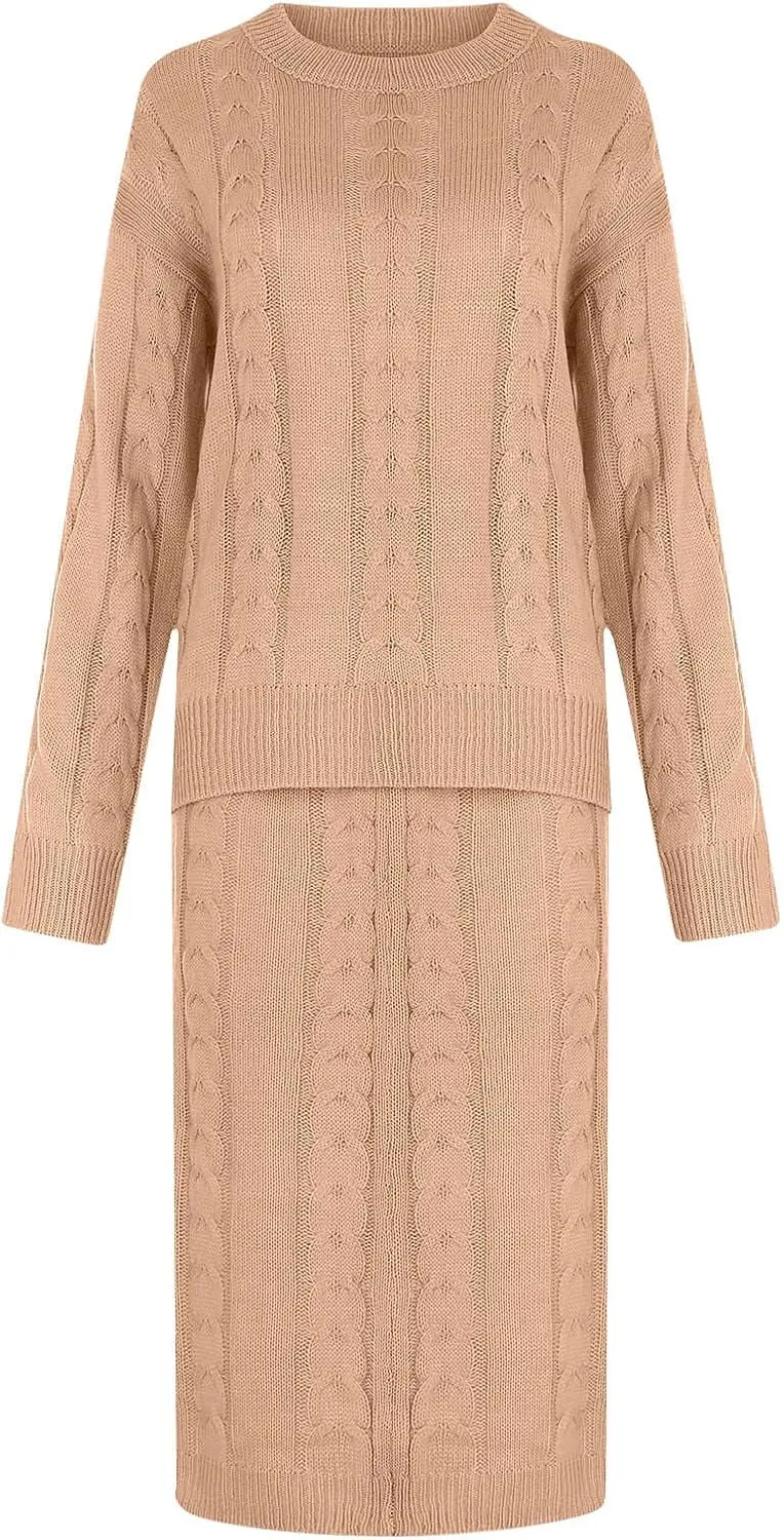 Skirt Sets Women 2 Piece Outfits Winter Chunky Cable Knit Long Sleeve Pullover Sweater and Bodycon Maxi Skirts Set