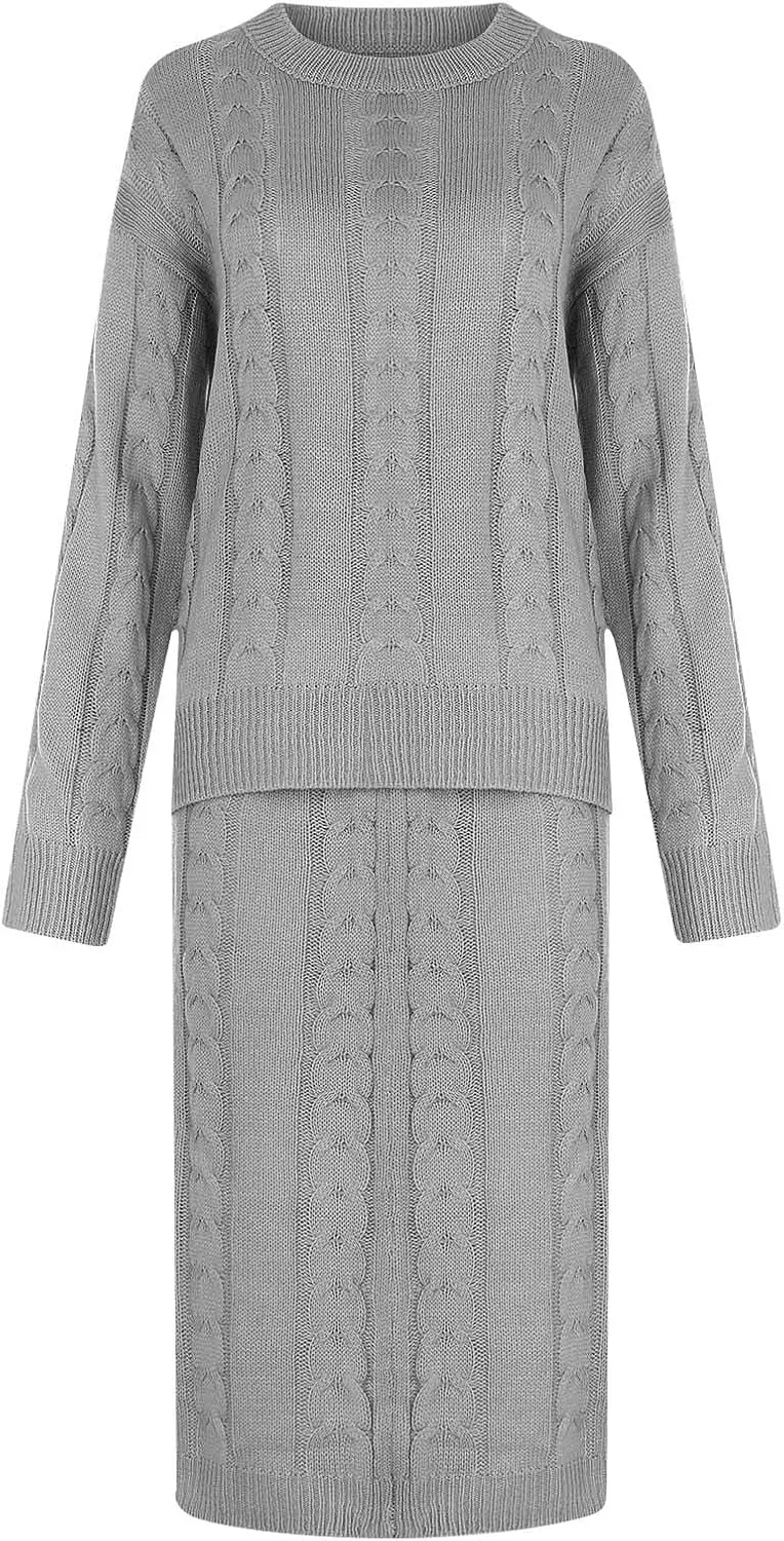 Skirt Sets Women 2 Piece Outfits Winter Chunky Cable Knit Long Sleeve Pullover Sweater and Bodycon Maxi Skirts Set
