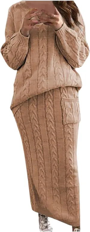 Skirt Sets Women 2 Piece Outfits Winter Chunky Cable Knit Long Sleeve Pullover Sweater and Bodycon Maxi Skirts Set