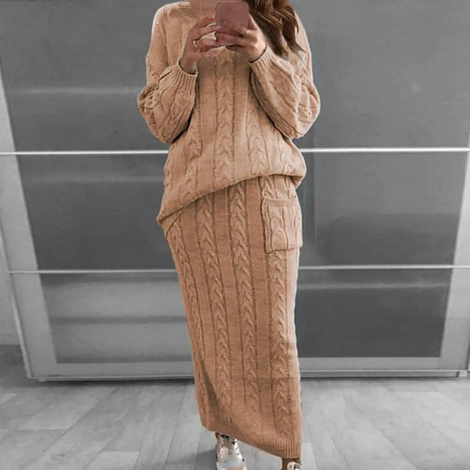 Skirt Sets Women 2 Piece Outfits Winter Chunky Cable Knit Long Sleeve Pullover Sweater and Bodycon Maxi Skirts Set