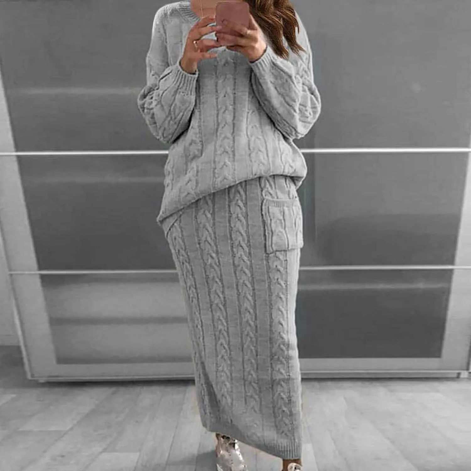 Skirt Sets Women 2 Piece Outfits Winter Chunky Cable Knit Long Sleeve Pullover Sweater and Bodycon Maxi Skirts Set