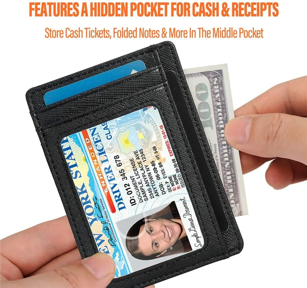 Slim RFID Blocking Card Holder Minimalist Leather Front Pocket Wallet for Women