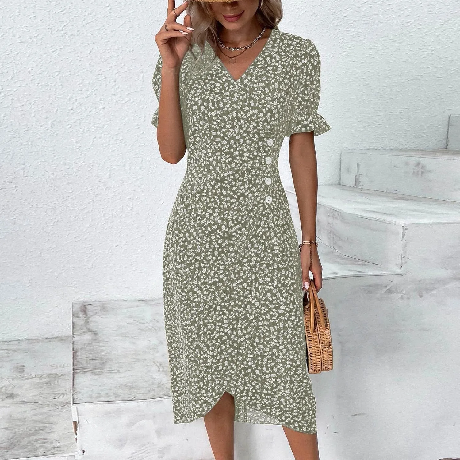 Spring Dresses for Women 2025 Fashion Floral Print V Neck 3/4 Sleeve Dress High Waist Boho Dresses Wrap Maxi Dress