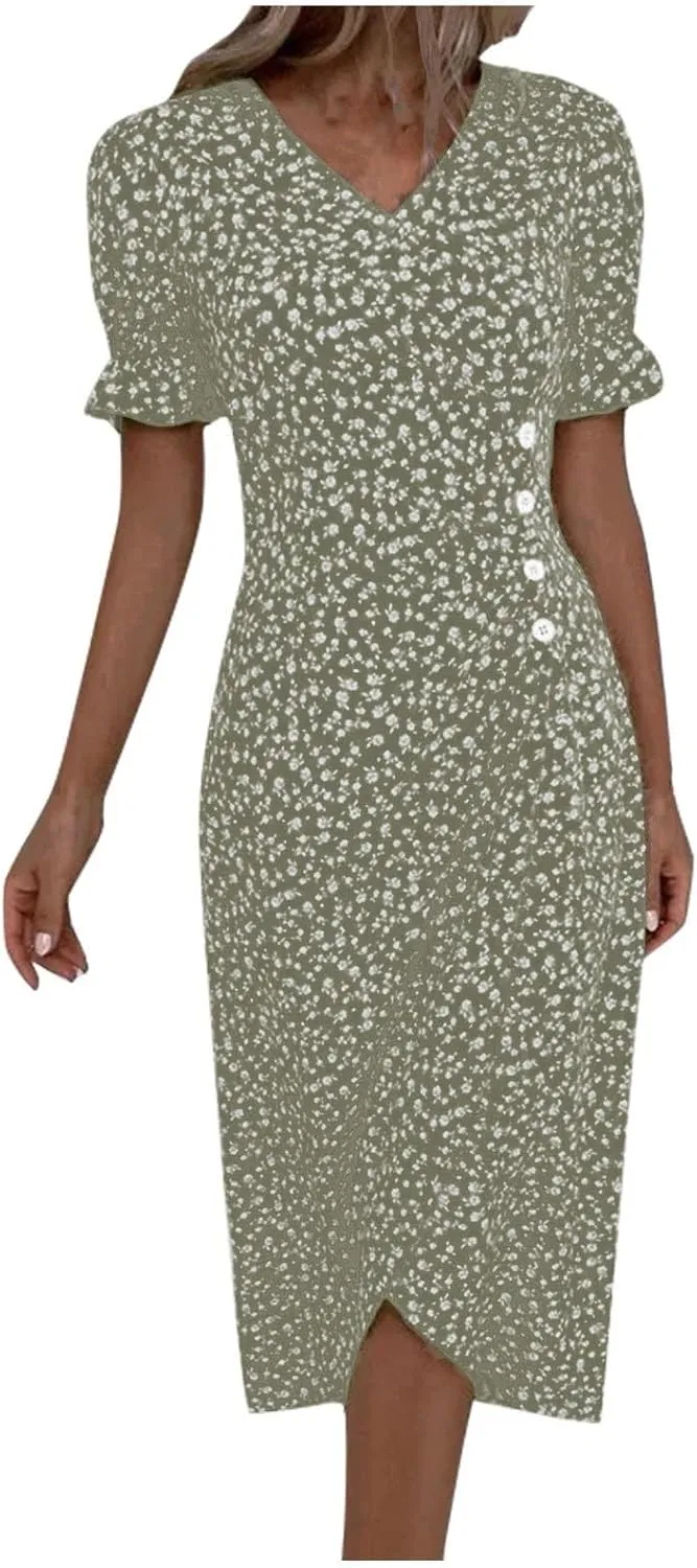 Spring Dresses for Women 2025 Fashion Floral Print V Neck 3/4 Sleeve Dress High Waist Boho Dresses Wrap Maxi Dress