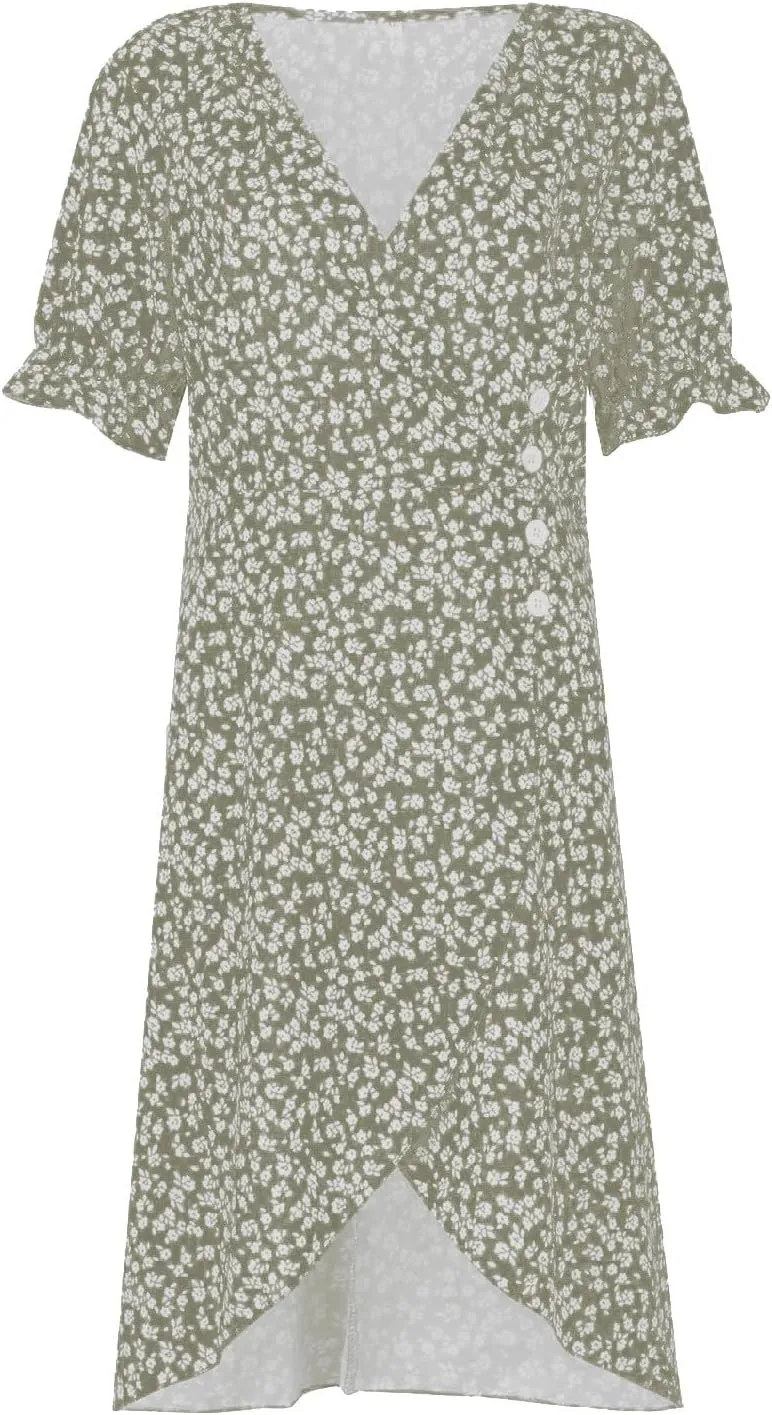 Spring Dresses for Women 2025 Fashion Floral Print V Neck 3/4 Sleeve Dress High Waist Boho Dresses Wrap Maxi Dress