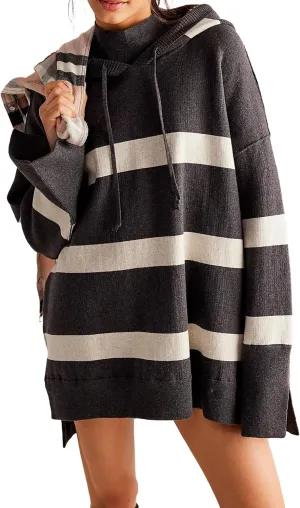 Striped Hooded Sweater Dress for Women Oversized Fall Loose Long Sleeve Knit Dresses with Drawstring