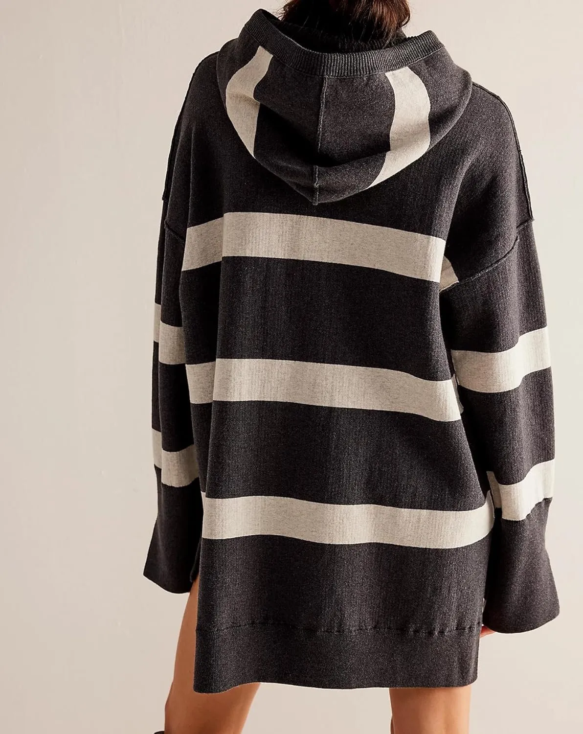 Striped Hooded Sweater Dress for Women Oversized Fall Loose Long Sleeve Knit Dresses with Drawstring