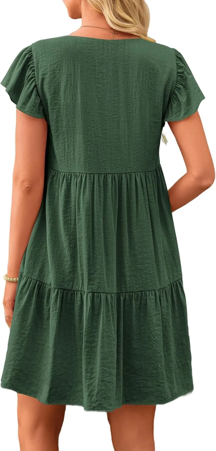 Summer Beach Dresses for Women A-Line Swing Tiered Dress Casual V Neck Ruffle Cap Sleeve Mini Dresses with Pockets