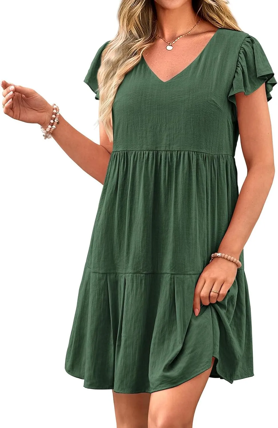 Summer Beach Dresses for Women A-Line Swing Tiered Dress Casual V Neck Ruffle Cap Sleeve Mini Dresses with Pockets