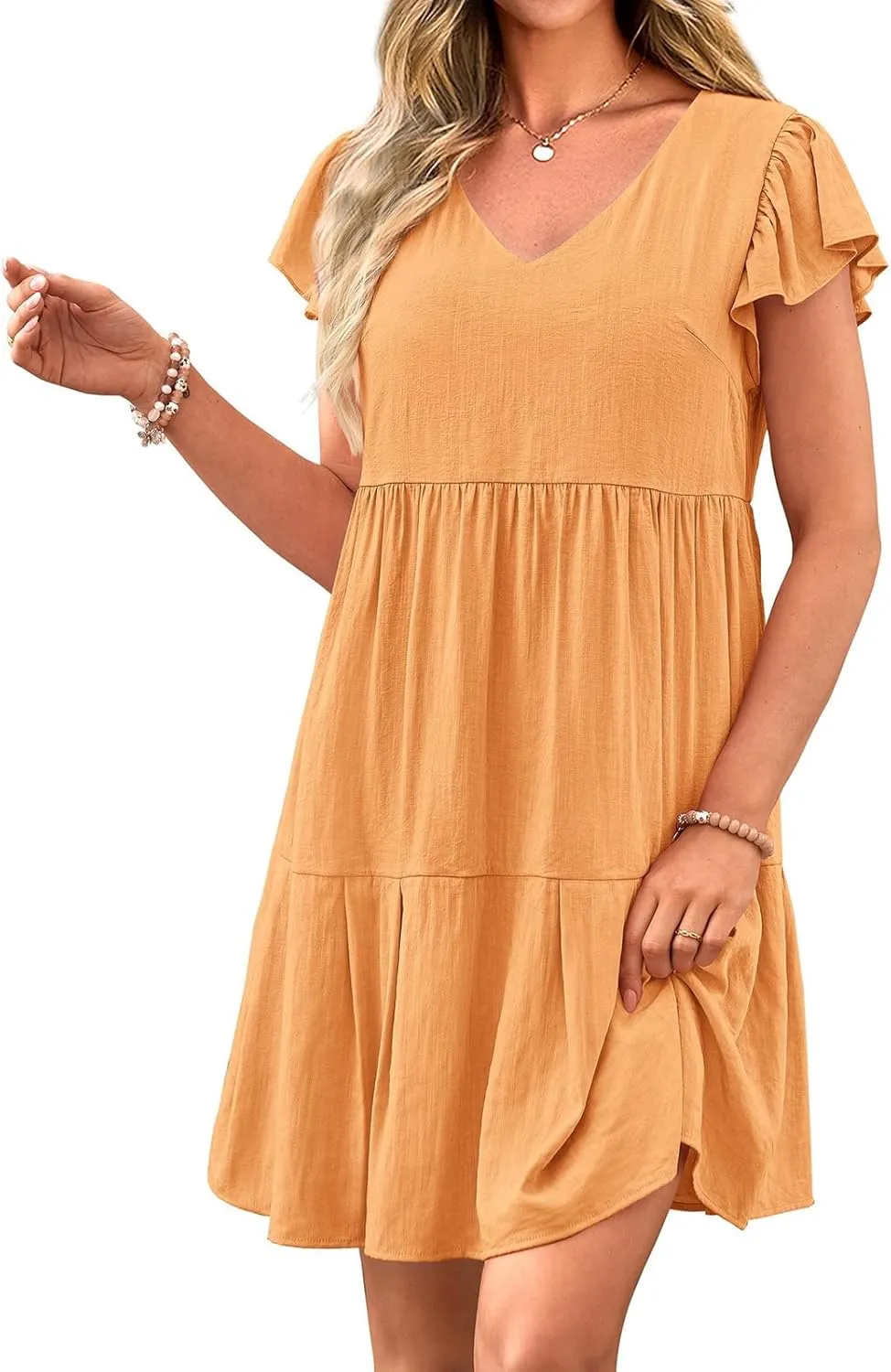 Summer Beach Dresses for Women A-Line Swing Tiered Dress Casual V Neck Ruffle Cap Sleeve Mini Dresses with Pockets