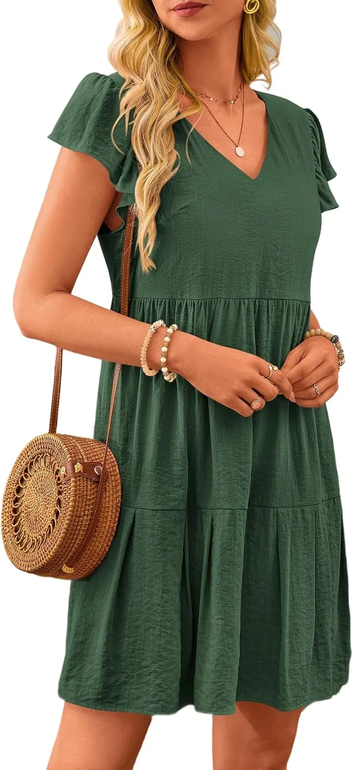 Summer Beach Dresses for Women A-Line Swing Tiered Dress Casual V Neck Ruffle Cap Sleeve Mini Dresses with Pockets