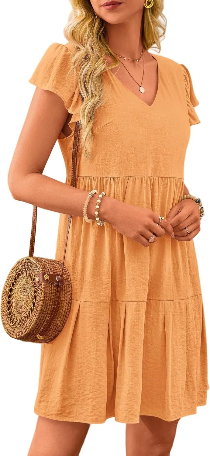 Summer Beach Dresses for Women A-Line Swing Tiered Dress Casual V Neck Ruffle Cap Sleeve Mini Dresses with Pockets