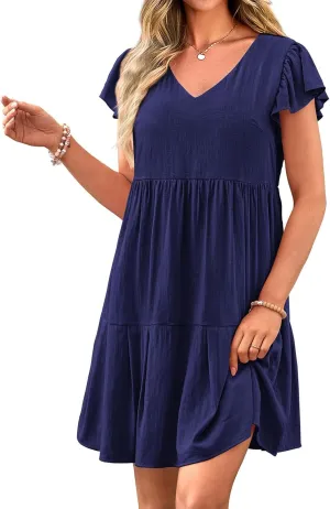 Summer Beach Dresses for Women A-Line Swing Tiered Dress Casual V Neck Ruffle Cap Sleeve Mini Dresses with Pockets