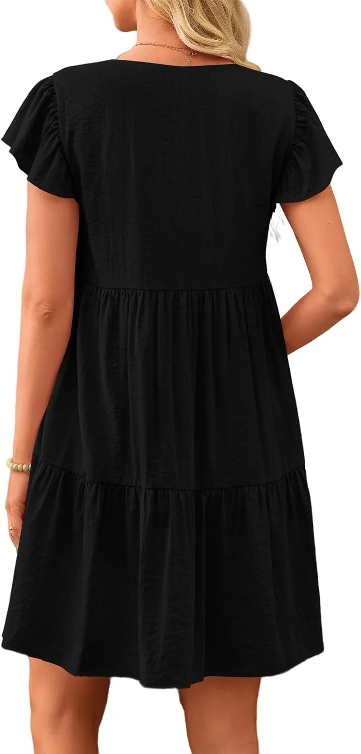 Summer Beach Dresses for Women A-Line Swing Tiered Dress Casual V Neck Ruffle Cap Sleeve Mini Dresses with Pockets