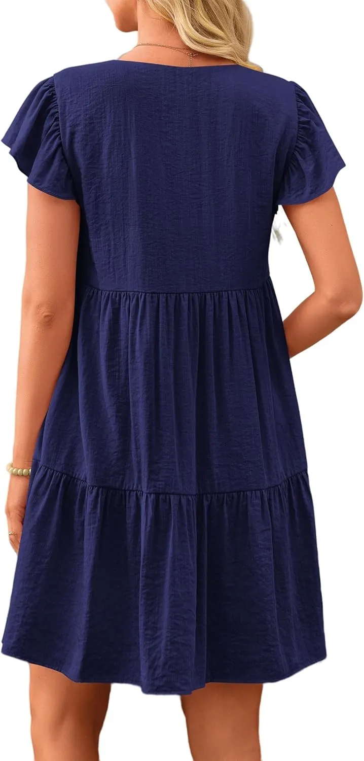 Summer Beach Dresses for Women A-Line Swing Tiered Dress Casual V Neck Ruffle Cap Sleeve Mini Dresses with Pockets
