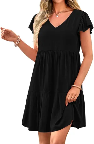 Summer Beach Dresses for Women A-Line Swing Tiered Dress Casual V Neck Ruffle Cap Sleeve Mini Dresses with Pockets