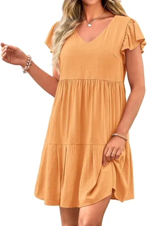 Summer Beach Dresses for Women A-Line Swing Tiered Dress Casual V Neck Ruffle Cap Sleeve Mini Dresses with Pockets