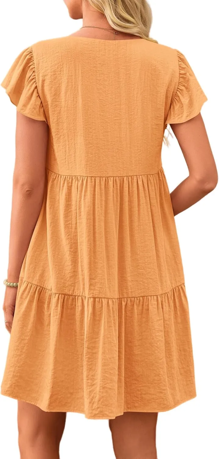 Summer Beach Dresses for Women A-Line Swing Tiered Dress Casual V Neck Ruffle Cap Sleeve Mini Dresses with Pockets