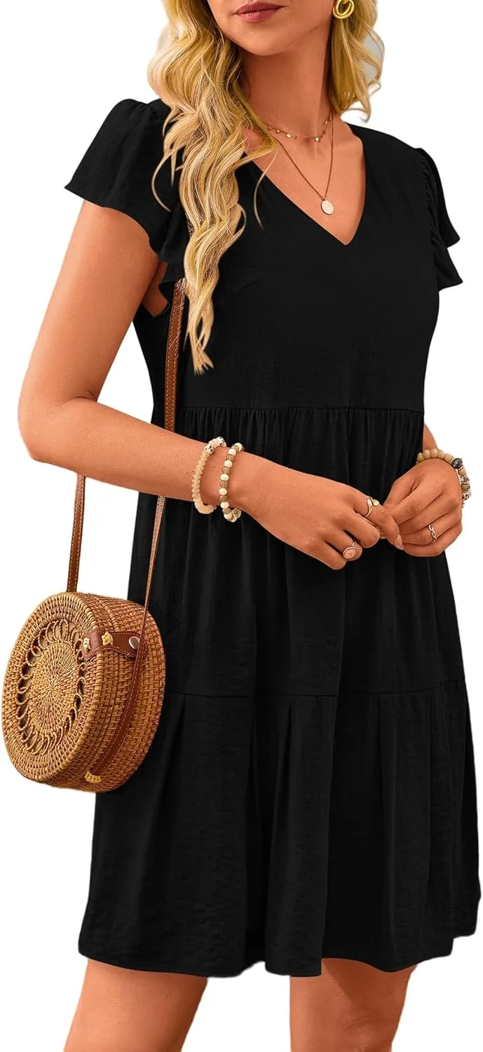 Summer Beach Dresses for Women A-Line Swing Tiered Dress Casual V Neck Ruffle Cap Sleeve Mini Dresses with Pockets