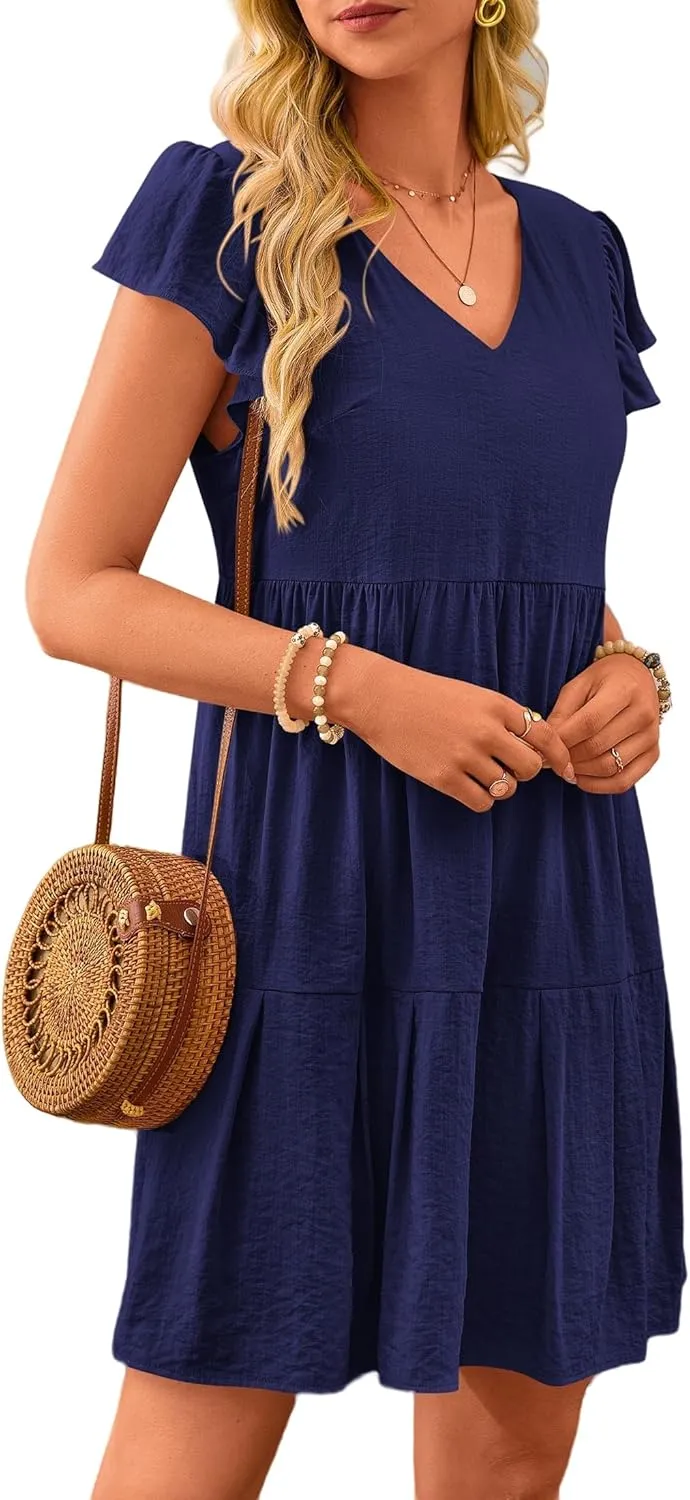 Summer Beach Dresses for Women A-Line Swing Tiered Dress Casual V Neck Ruffle Cap Sleeve Mini Dresses with Pockets