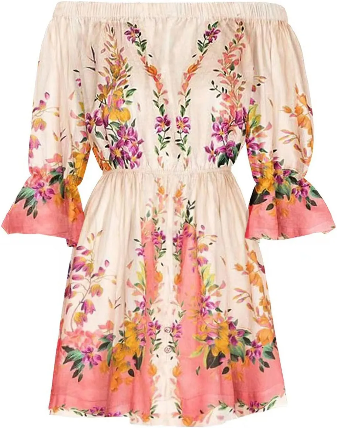 Summer Boho Dresses for Women Beach Sexy Off Shoulder Tunic Sundresses Casual Loose Fit Short Sleeve Mini Floral Dress