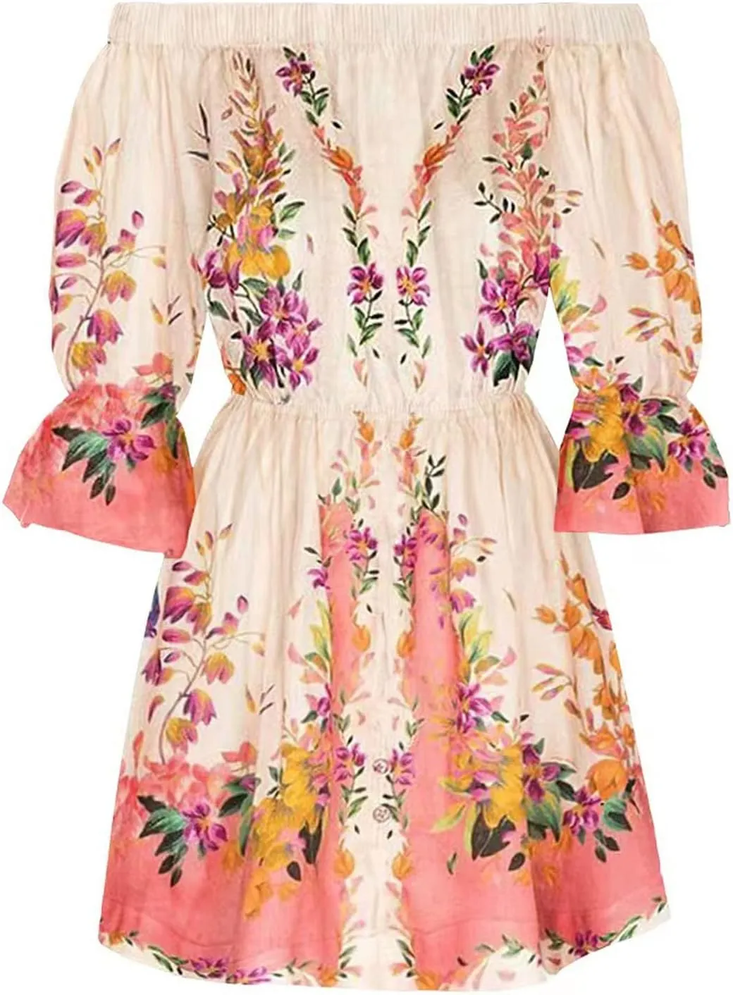 Summer Boho Dresses for Women Beach Sexy Off Shoulder Tunic Sundresses Casual Loose Fit Short Sleeve Mini Floral Dress