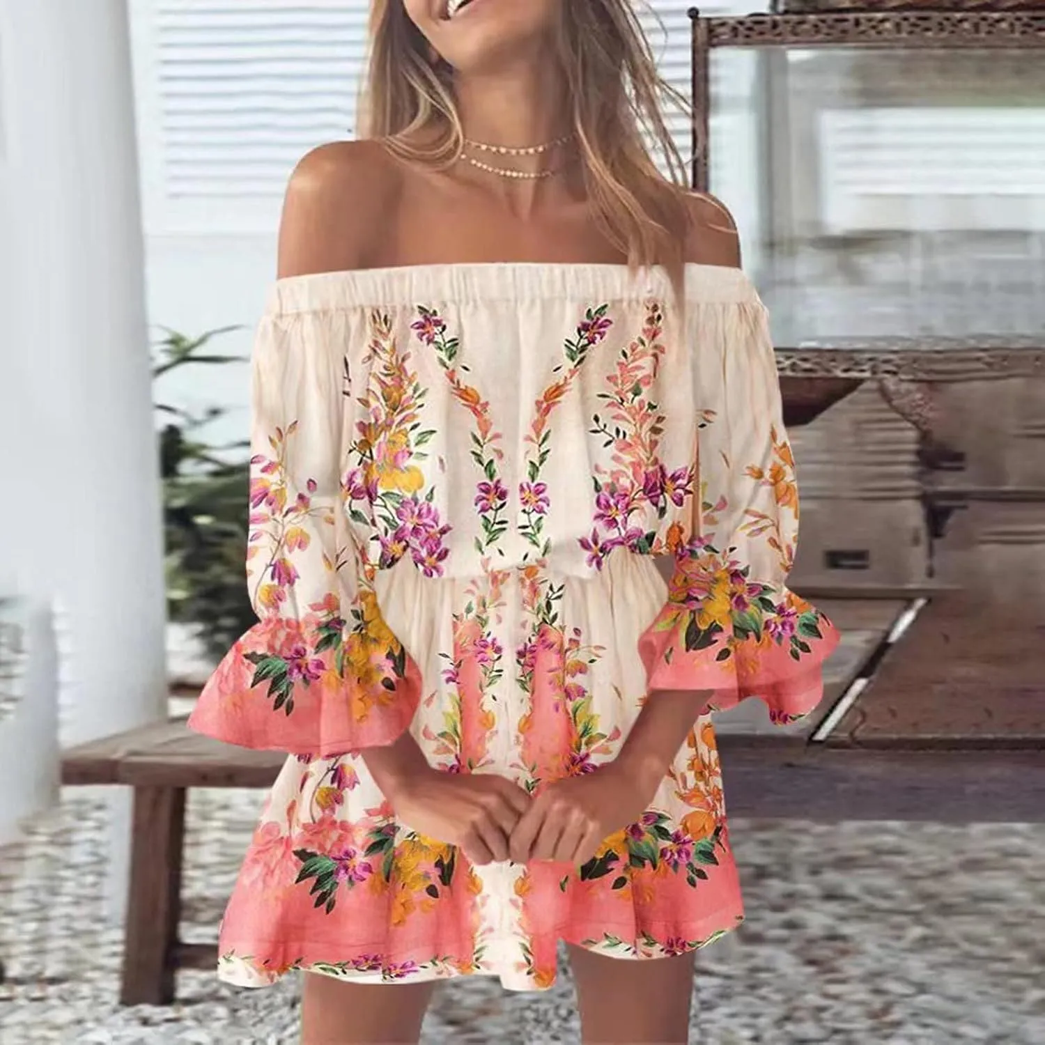 Summer Boho Dresses for Women Beach Sexy Off Shoulder Tunic Sundresses Casual Loose Fit Short Sleeve Mini Floral Dress