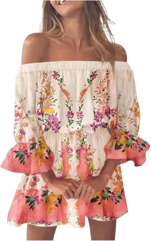 Summer Boho Dresses for Women Beach Sexy Off Shoulder Tunic Sundresses Casual Loose Fit Short Sleeve Mini Floral Dress