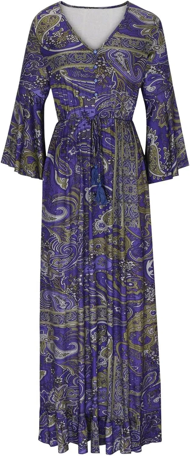Summer Boho Maxi Dresses for Women Plus Size Floral Print V Neck High Waisted Tiered Smocked Ruffle Swing Hem Dress