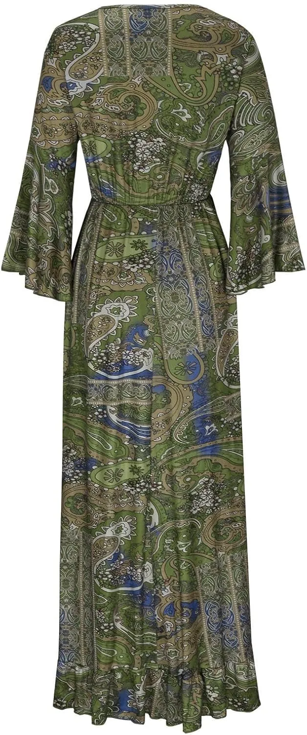 Summer Boho Maxi Dresses for Women Plus Size Floral Print V Neck High Waisted Tiered Smocked Ruffle Swing Hem Dress