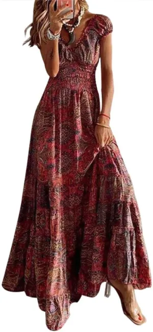 Summer Boho Maxi Dresses for Women Plus Size Floral Print V Neck High Waisted Tiered Smocked Ruffle Swing Hem Dress