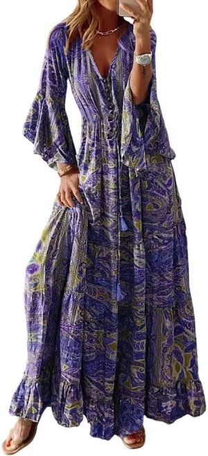 Summer Boho Maxi Dresses for Women Plus Size Floral Print V Neck High Waisted Tiered Smocked Ruffle Swing Hem Dress