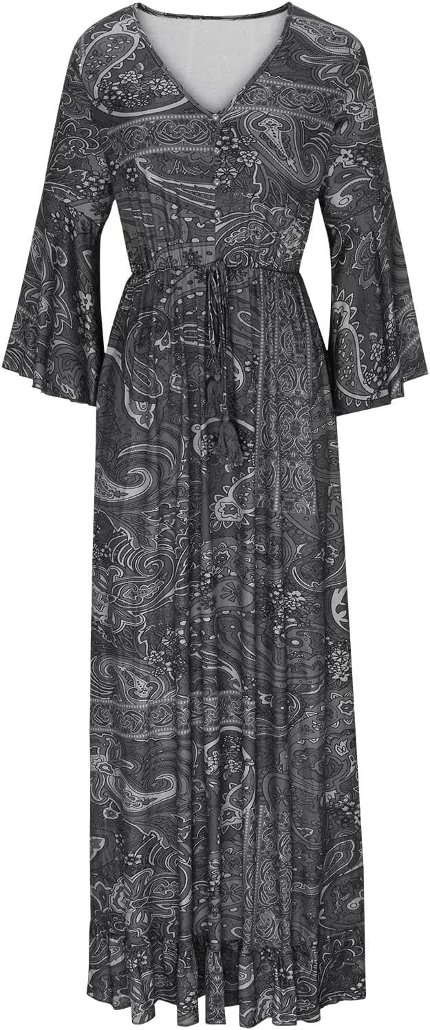 Summer Boho Maxi Dresses for Women Plus Size Floral Print V Neck High Waisted Tiered Smocked Ruffle Swing Hem Dress
