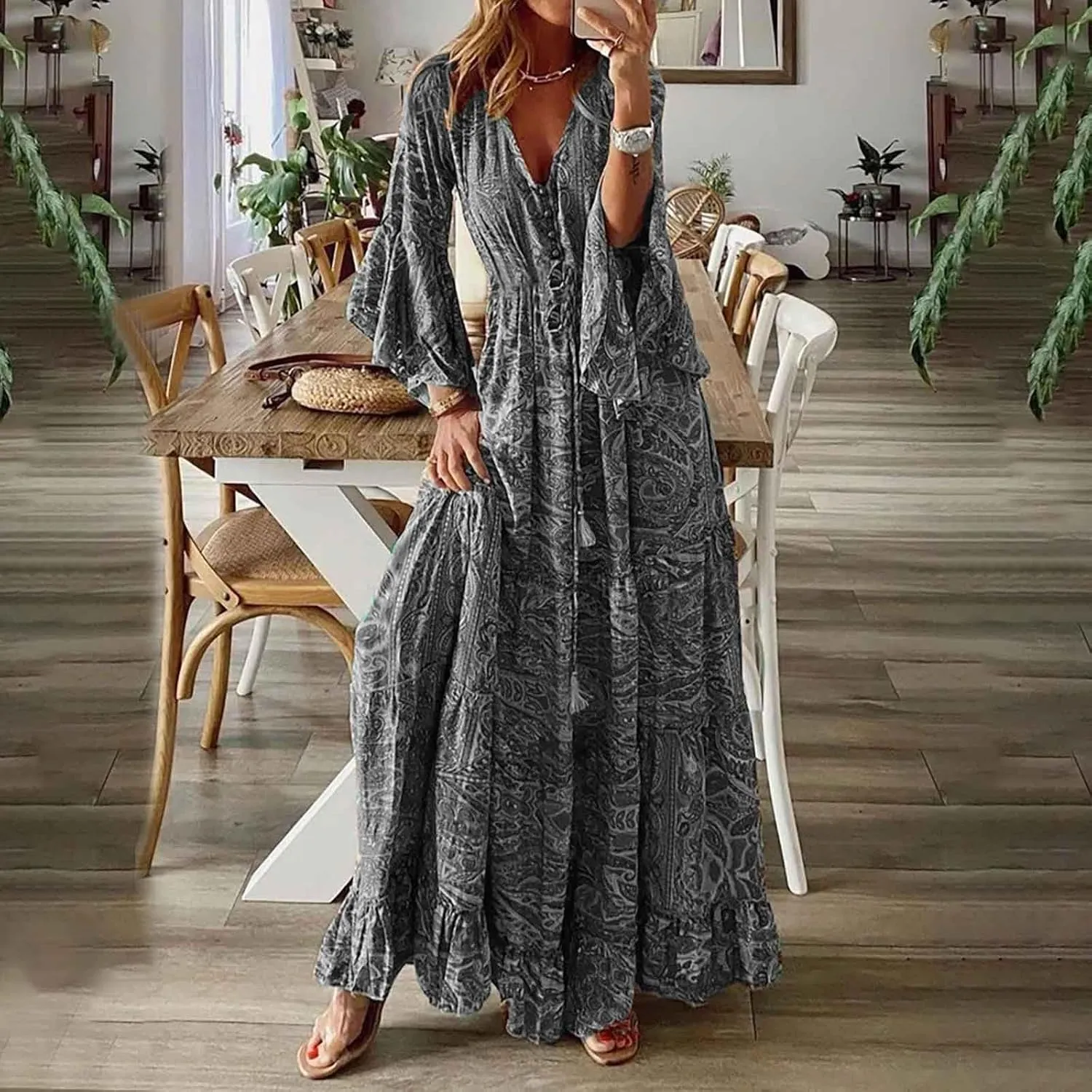 Summer Boho Maxi Dresses for Women Plus Size Floral Print V Neck High Waisted Tiered Smocked Ruffle Swing Hem Dress