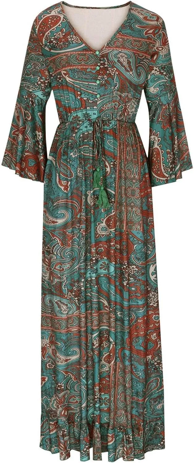 Summer Boho Maxi Dresses for Women Plus Size Floral Print V Neck High Waisted Tiered Smocked Ruffle Swing Hem Dress