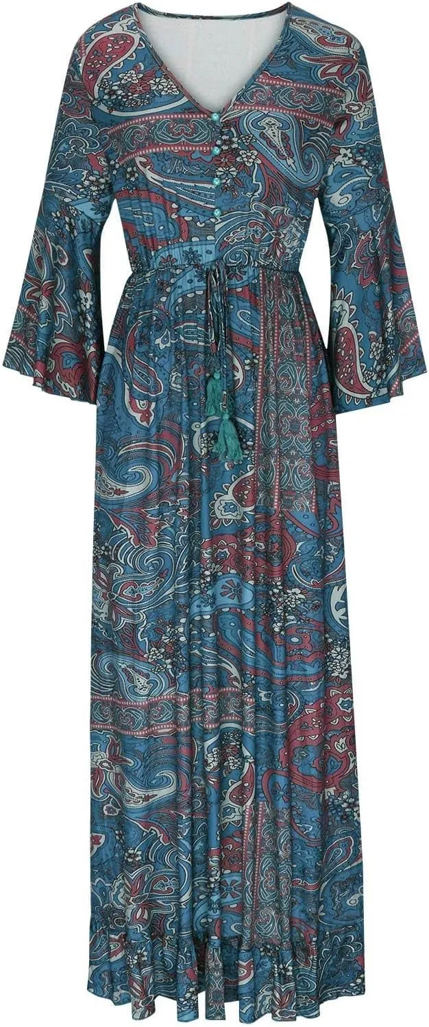 Summer Boho Maxi Dresses for Women Plus Size Floral Print V Neck High Waisted Tiered Smocked Ruffle Swing Hem Dress