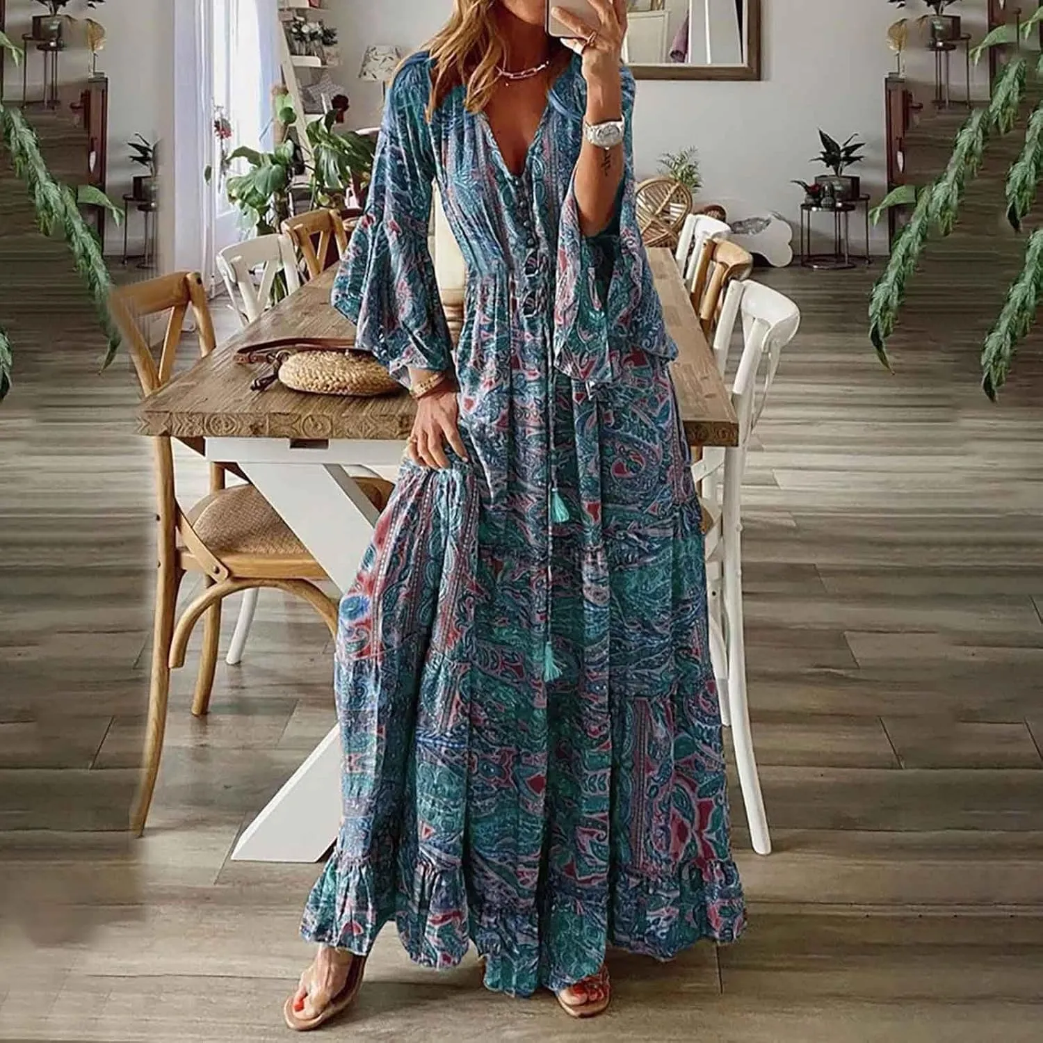 Summer Boho Maxi Dresses for Women Plus Size Floral Print V Neck High Waisted Tiered Smocked Ruffle Swing Hem Dress