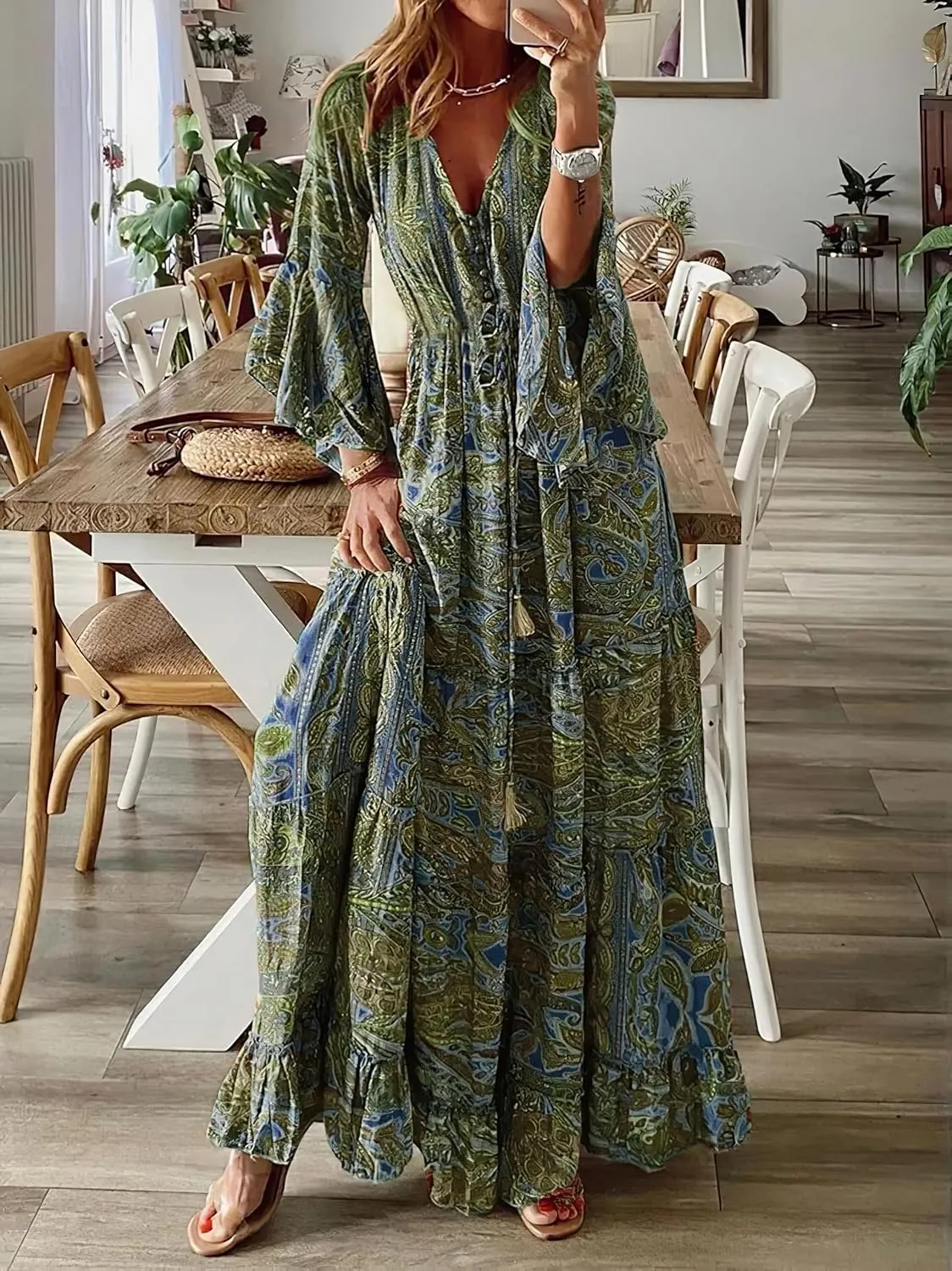Summer Boho Maxi Dresses for Women Plus Size Floral Print V Neck High Waisted Tiered Smocked Ruffle Swing Hem Dress