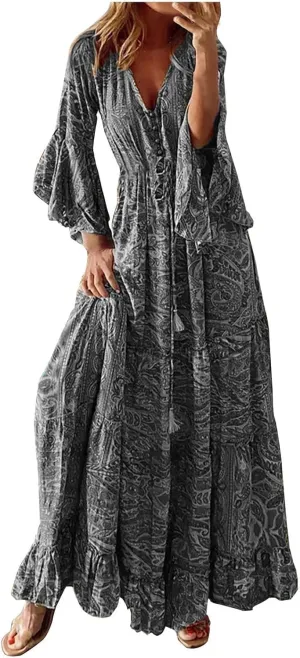 Summer Boho Maxi Dresses for Women Plus Size Floral Print V Neck High Waisted Tiered Smocked Ruffle Swing Hem Dress